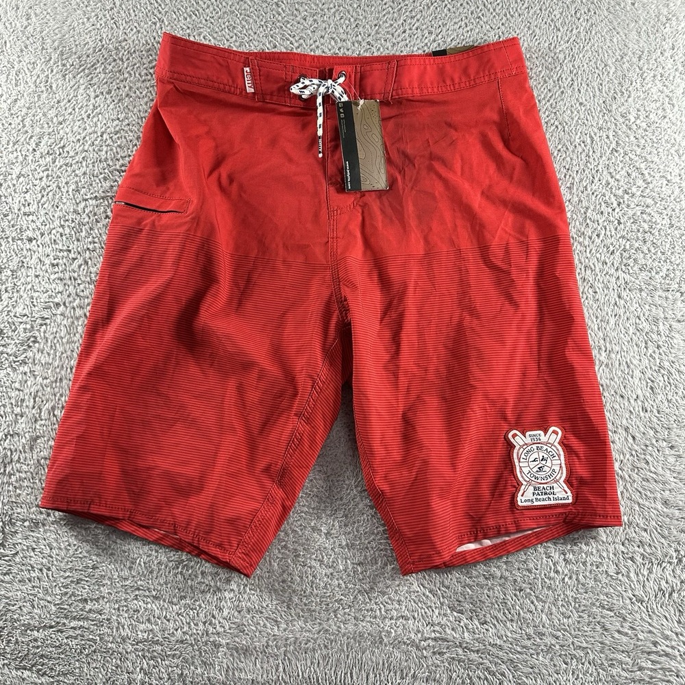 Jetty Board Shorts Mens 32 Red Minimal Stripe Long Beach Patrol LBI‎ NWT